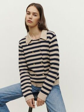 Tommy Hilfiger Double-Breasted Naval Stripe Sweater Size Large Quiet Luxury Fall